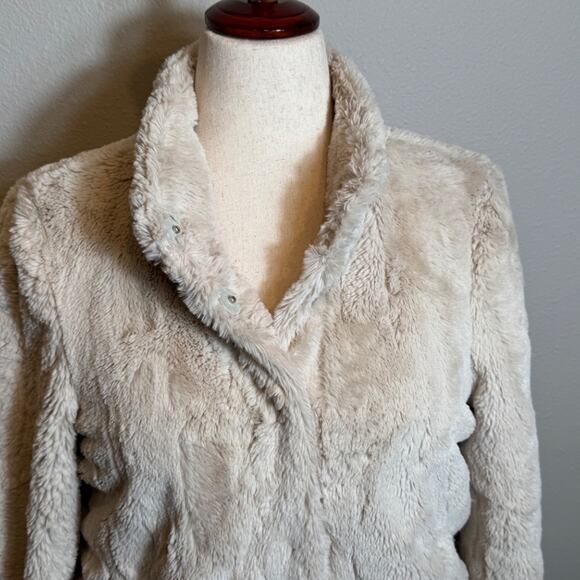 Sanctuary Surplus jacket cream faux fur with pockets & red lining  Sz L mob wife - Picture 2 of 9